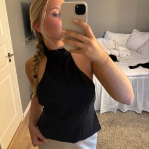 Svart halterneck topp med knyt - Säljer en svart halterneck topp med hög hals och öppen rygg. Toppen knyts i ryggen och har en stilren, minimalistisk look. Perfekt för dig som gillar en enkel men snygg stil. Materialet känns lätt och svalt, passar bra till både jeans och kjol.