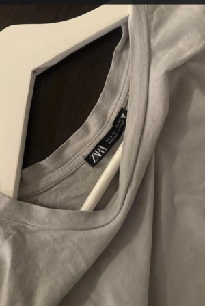 Grå topp med volang från Zara - Säljer en ljusgrå croppad topp från Zara med rund hals och korta ärmar med volangdetaljer. 