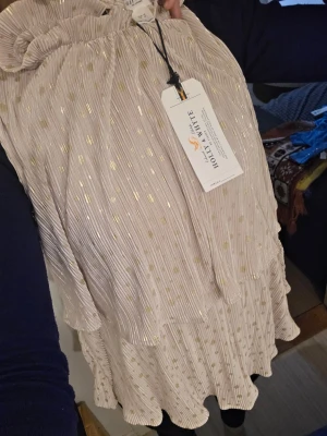 Beige blus med guldprickar Holly & White - Säljer en beige blus från Holly & White med glittriga guldprickar och plisserad struktur. Blusen har volangdetaljer vid hals och nederkant, samt en lös passform. Perfekt 