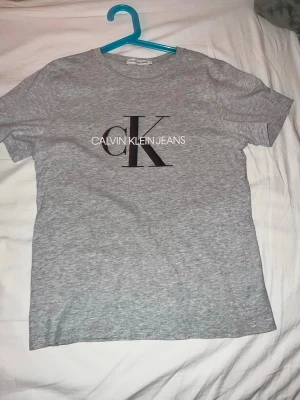 Grå t-shirt från Calvin Klein Jeans - Snygg grå t-shirt från Calvin Klein Jeans med klassisk CK-logga tryckt i svart och vitt på bröstet. T-shirten har rund hals och korta ärmar, perfekt för en chill och stilren look. Materialet känns mjukt och skönt mot huden, och passformen är normal.