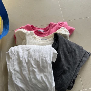 Topp-paket från Zara i olika färger - Ett klädpaket med blandade kläder  Fint skick  Storlek S  Består av  - 1 par grå svarta jeans  - 1 linnebyxor från Gina Tricot  - 2 tröjor med volanger