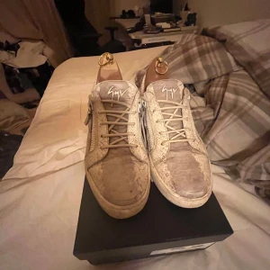 Giuseppe Zanotti beige sneakers i skinn - Säljer ett par feta sneakers från Giuseppe Zanotti i vitt skinn med ormmönstrad struktur. Skorna har snörning, dragkedjor på sidorna och den ikoniska loggan på plösen. Riktigt snygga detaljer köpta i somras jätte fina skor har allt som ingår 