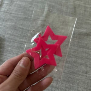 Stora stjärnörhängen i neonrosa - Säljer ett par coola örhängen i form av stora, ihåliga stjärnor i neonrosa plast. De har krokar i metall och ger en riktigt poppig och lekfull vibe till din outfit. Perfekta för dig som vill sticka ut och addera färg till din stil.