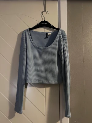 Ljusblå ribbad långärmad topp  - Säljer en ljusblå croppad topp med ribbad struktur och rundad halsringning. 
