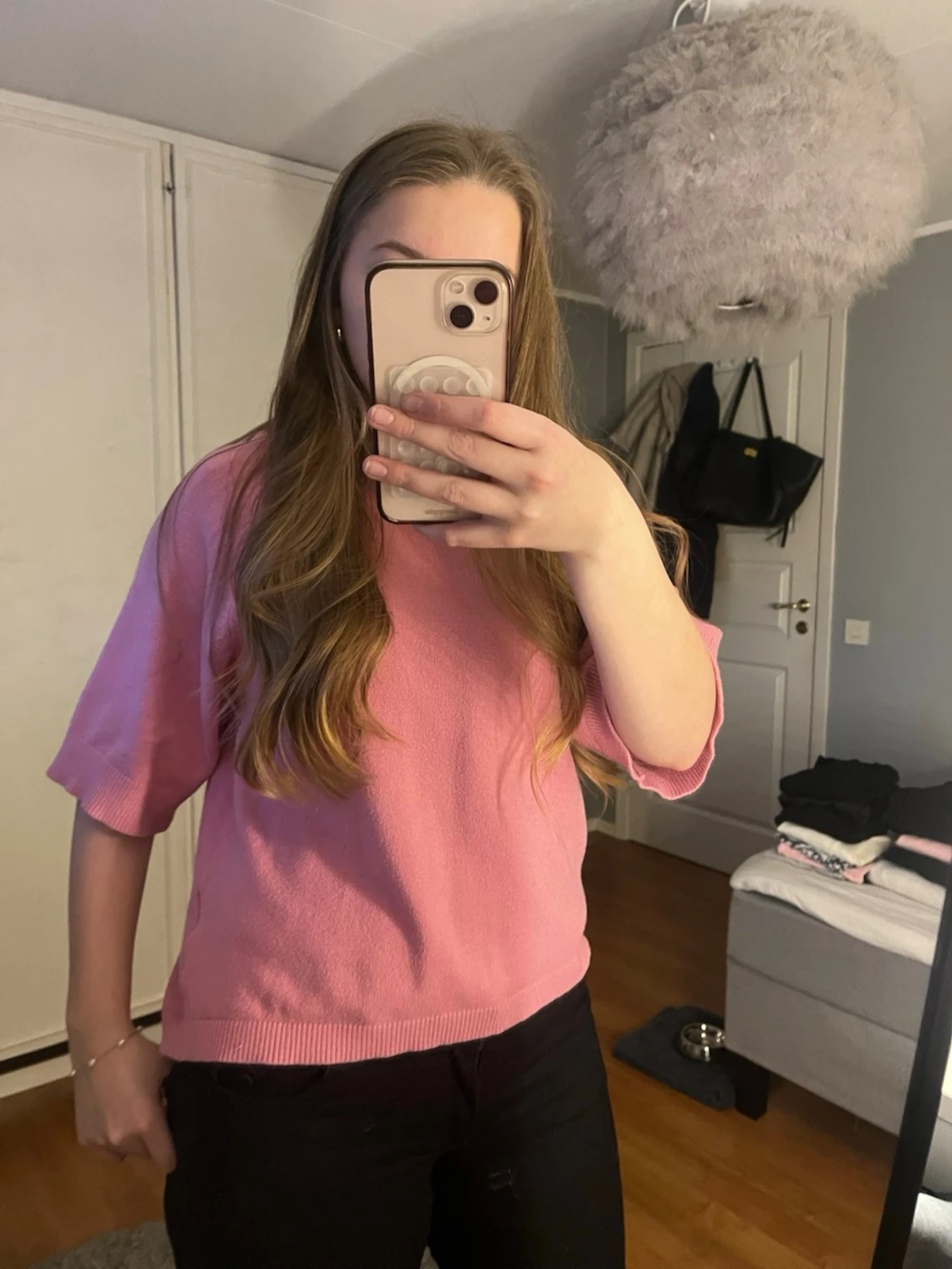 Rosa stickad tröja med kort ärm - 1