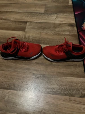 Röda sneakers från Puma - Säljer ett par snygga röda Puma sneakers med svart och vit sula. Skorna har mesh-ovandel för bra andningsförmåga, klassisk snörning och Puma-logga på sidan och hälen. Perfekta för dig som vill ha stilrena och sportiga skor till vardagen.
