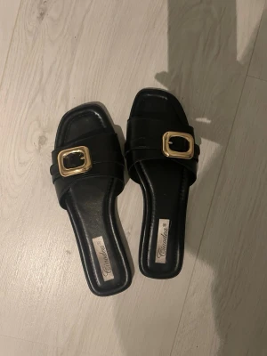 Svarta sandaler med gulddetalj - Svarta sandaler från Ciadea ifrån Italien med fyrkantig tå och bred rem över foten. Snygg guldfärgad spännesdetalj framtill som ger en trendig touch. Platt sula och öppen tå. Köpta i Italien för 200kr. Använda 1 gång 