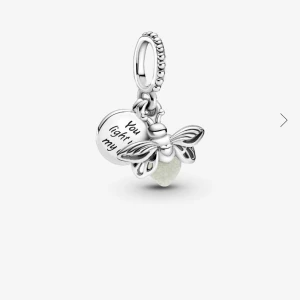 Pandora berlock med bi och text - Superfin berlock från Pandora i silverfärgat material, formad som en söt bi med detaljerade vingar och en rund bricka med texten 'You light up my life'. Perfekt att hänga på armband för en personlig touch.