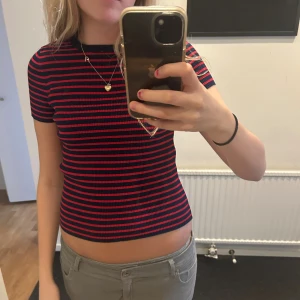 Randig ribbad topp från Zara - Säljer en kortärmad topp från Zara i storlek S. Toppen är ribbad och har ett randigt mönster i mörkblått och rött. Modellen är croppad med rund hals och sitter tight mot kroppen. Perfekt för dig som gillar en enkel men snygg stil.