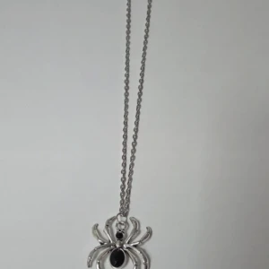 Silvrigt halsband med spindelberlock - Unikt halsband med en cool spindelberlock i silverfärgad metall. Spindeln har svarta stenar som ögon och kropp, vilket ger en edgy och mystisk vibe. Kedjan är tunn och matchar berlocken perfekt. Perfekt för dig som gillar statement-smycken med lite attityd.