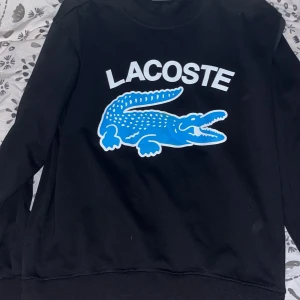 Svart sweatshirt från Lacoste med blå logga - Svart sweatshirt från Lacoste med stor blå krokodillogga och vit text på bröstet. Tröjan har rund hals, långa ärmar och ribbade muddar vid ärmslut och nederkant. Tillverkad i mjuk bomull som är skön att bära. Perfekt för dig som gillar streetwear och tydliga loggor.