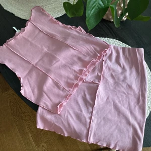 Rosa ribbad set med linnetopp och kjol från NLY Trend - Säljer ett sett med rosa ribbad linnetopp och kjol från NLY Trend i storlek S. Toppen är ärmlös och croppad med råa kanter och dekorativa sömmar framtill samt kjolen. Materialet är mjukt och stretchigt för en bekväm passform.