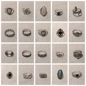 Stort ringpaket - 40 vintage ringar - 40 unika ringtyper – bred variation av stilar och former  Vintage ringar för dam  Olika storlekar ingår för att passa olika fingrar och behov  Material: rostfritt stål, titan, legeringar m.m.  Passar både personligt bruk och återförsäljning