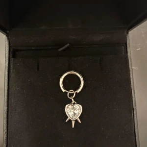 maria nilsdotter liknande örhänge - Snyggt örhänge som liknar maria nilsdotter. I silverfärg med ett glittrande hjärthänge och små spetsdetaljer nedtill. Ringen är dekorerad med små stenar som ger extra bling. Perfekt för dig som gillar unika och trendiga smycken med lite edge.