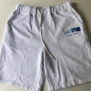 Trapstar Vit Shorts - Snygga vita shorts från Trapstar i storlek L. Mjuk bomullskvalitet med elastisk midja och snörning. På framsidan finns broderad Trapstar-logga i blå och vita toner samt texten 'IT'S A SECRET'. Perfekta för chill dagar och streetwear.