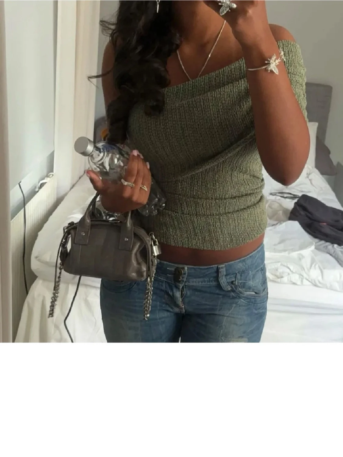 Grön ribbad offshoulder topp - 2