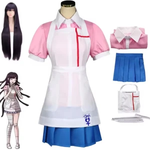 Cosplay klänning Danganronpa Mikan - Säljer en cosplay klänning inspirerad av Mikan Tsumiki från Danganronpa. Setet inkluderar rosa kortärmad skjorta med vit krage, vit förkläde med röd detalj, blå plisserad kjol och tillbehör. Perfekt för anime- och cosplayfans som vill sticka ut på konvent. Bra skick! Peruken kan tvättas innan!