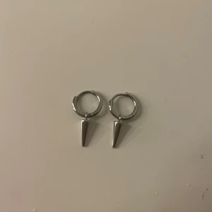 Silvriga örhängen med konformad detalj - Säljer ett par coola silvriga örhängen med rund ring och hängande konformad detalj. Perfekta för dig som gillar en edgy och stilren look. Passar till många olika outfits och ger en snygg touch till din stil.