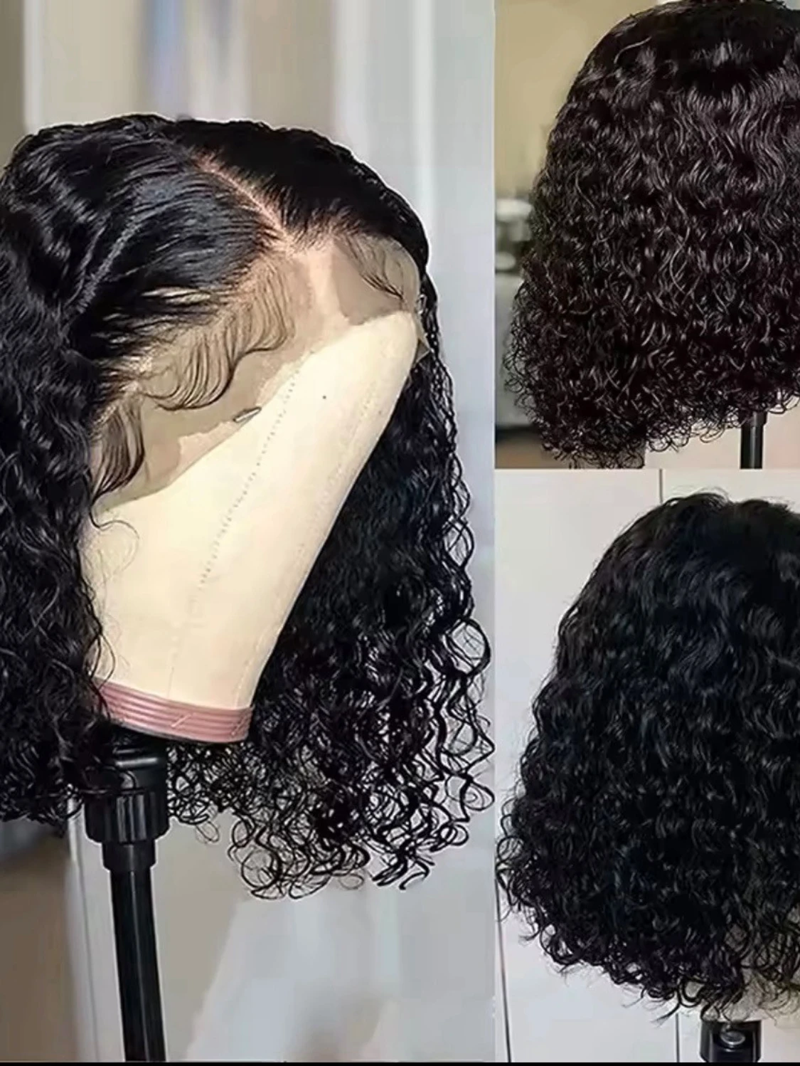 Svart lockig bob lace wig - 2