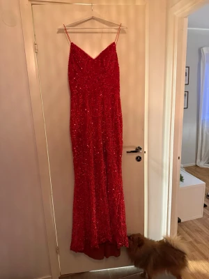 Röd glittrig långklänning med snörning - Säljer en röd långklänning med tunna axelband och v-ringning. Klänningen är täckt av glittriga paljetter och har snygg snörning i ryggen för extra detalj. Perfekt för dig som vill sticka ut och glänsa på bal eller fest. Andvänt en gång jätte fin på men kan tyvärr inte ha den längre därav ingen bild med den på