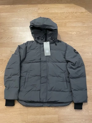 Mörkgrå dunjacka från Canada Goose XXL - Säljer en mörkgrå dunjacka från Canada Goose i storlek XXL. Jackan har huva med snörning, två sidofickor och svart patch på ärmen. Klassisk pufferstil med dragkedja och ribbade muddar. Perfekt för kalla dagar när du vill hålla värmen och ändå se clean ut. Den är i storlek xxl men passar M/L