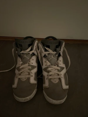 Nike Air Jordan 6 Retro grå/vita - Säljer ett par Nike Air Jordan 6 Retro i grått och vitt. Skorna har högt skaft, snörning och coola detaljer på sidorna. Ovandelen är i skinn och mocka, med klassisk Jordan-logga på plösen. Perfekta för dig som gillar streetstyle och sneakers med attityd.