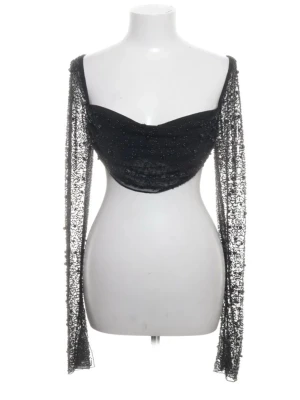 Svart glittrig korsettopp med meshärmar - Säljer en svart korsettopp med glittriga detaljer och långa meshärmar. Toppen har en snygg, croppad passform och en v-ringad urringning. Oh polly