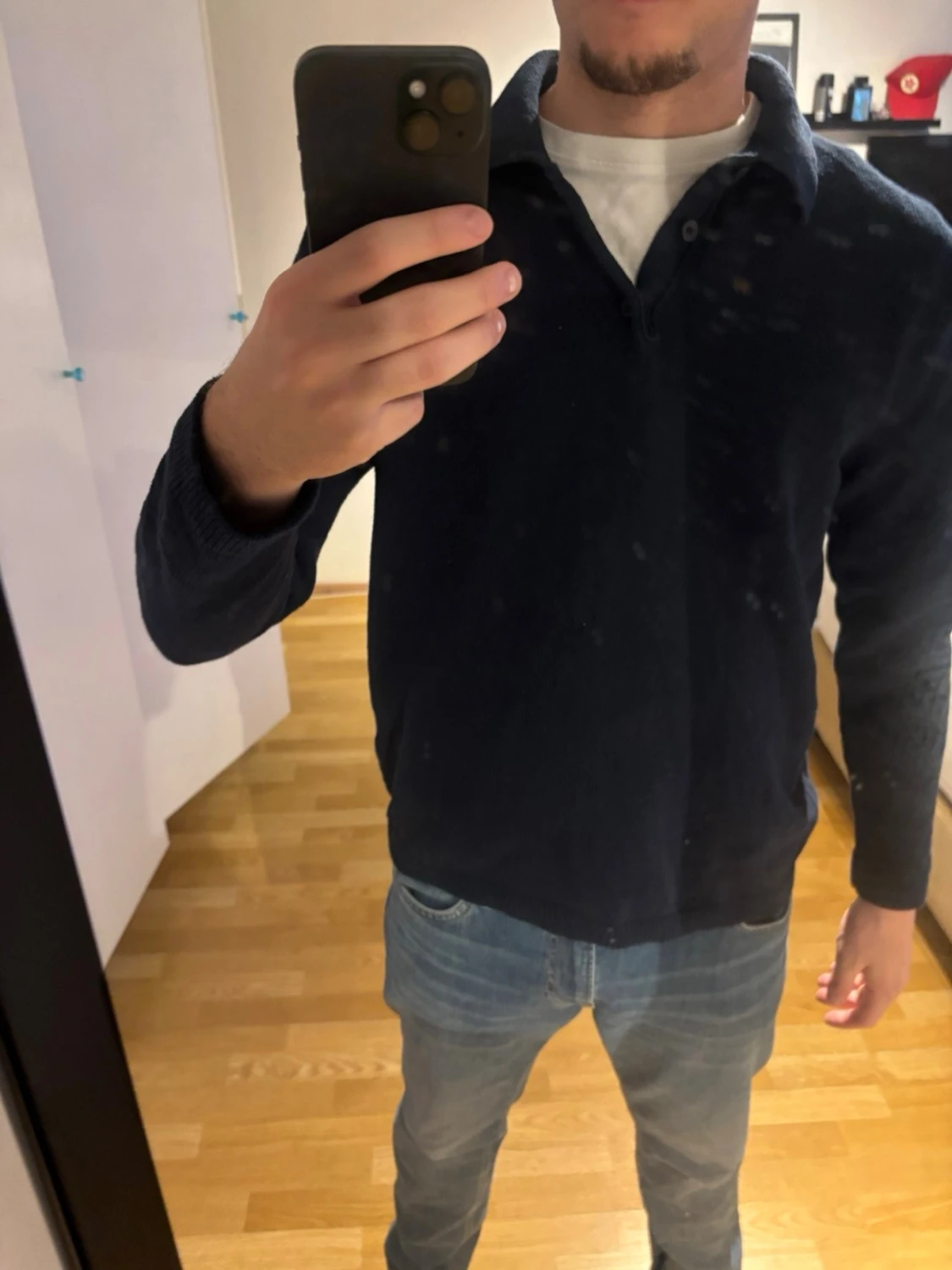 Mörkblå stickad pikétröja H&M