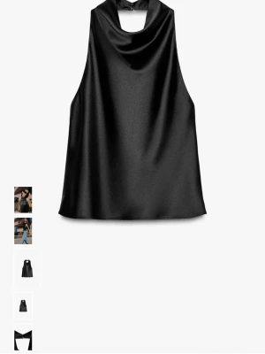 Svart halterneck topp från Zara - Säljer en svart halterneck topp från Zara i glansigt satintyg. Toppen är ärmlös med hög hals och öppen rygg, vilket ger en snygg och modern look. Perfekt att styla med jeans eller kjol för en trendig outfit.