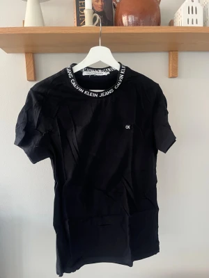 Svart Calvin Klein t-shirt - Svart t-shirt från Calvin Klein med rund halsringning med logotyptext runtom. Liten CK-logga på bröstet. Skön passform och tillverkad i mjuk bomull. Perfekt för en clean och stilren look. Använd ett par gånger.