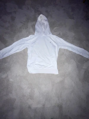 Vit hoodie från GANT med huva - Vit hoodie från GANT med klassisk huva och magficka. Tröjan har långärmade ärmar och en liten GANT-logga på bröstet. Tillverkad i mjuk bomull som är skön att ha på sig. Perfekt för chill dagar och enkel att matcha med jeans eller joggers. Tröjan har fettfläckar, jag har inte testat tvätta bort de.