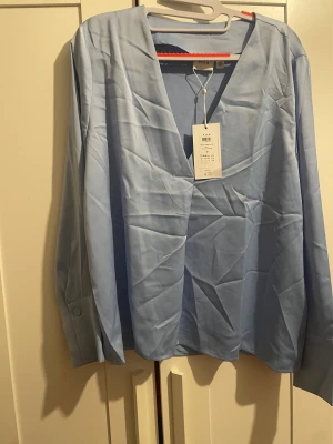 Ljusblå v-ringad blus från Vila - Säljer en stilren ljusblå blus från Vila i storlek 42. Blusen har v-ringning, långa ärmar med knappdetalj vid mudden och är gjord i ett mjukt, slätt material som ger en skön känsla. Perfekt för dig som gillar enkel och fräsch stil.