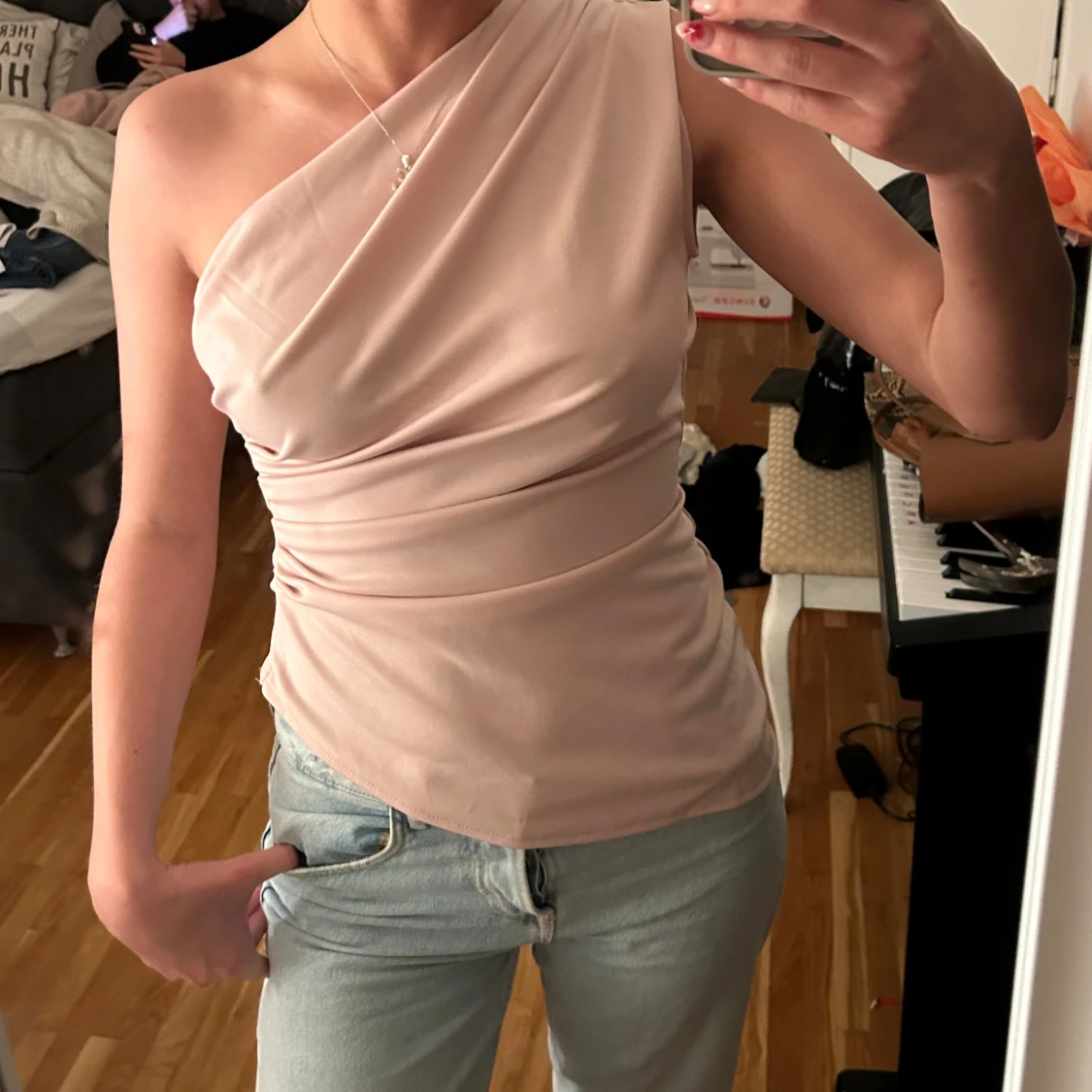 Ljusrosa one shoulder topp - 4