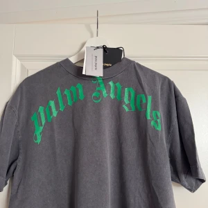 Grå Palm Angels t-shirt med tryck över bröst - Äkta med tags kvar oanvänd  grå t-shirt från Palm Angels med stort grönt tryck över bröstet. Oversized passform mer s-M