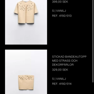 Stickat sett med strass från Zara - Supersnygg stickat sett från Zara i vaniljbeige med dekorativ strass upptill. Toppen är axelbandslös och har kofta till i samma färg, material och stenar. Koftan matchar perfekt till 