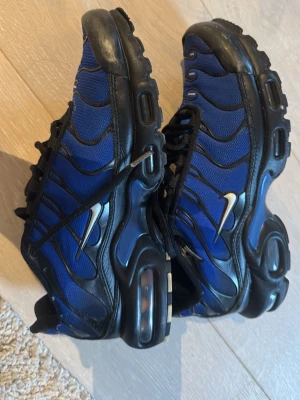 Blå Nike Air Max Plus sneakers - Säljer ett par blå Nike Air Max Plus sneakers med svarta detaljer och vit swoosh. Skorna har en robust svart sula med synliga luftkuddar och mesh-överdel för bra ventilation. Klassisk snörning och vågiga linjer längs sidorna ger en sportig look.