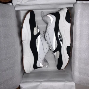 Dior B22 sneakers i grå och svart - Säljer ett par Dior B22 sneakers med chunky silhuett i grått, svart och vitt. Ovandel i mesh och skinn med coola paneler och vita detaljer. Sulan är tjock och har en brun undersida med CD-logga. Skorna har snörning och reflekterande detaljer för extra stil.