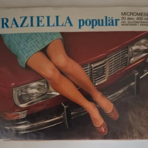 Hudfärgade nylonstrumpor Saab 99Raziella - Säljer ett par klassiska hudfärgade nylonstrumpor från Graziella, modell populär från 1960 talet med Saab 99 motiv. NOS. Oöppnat.Strumporna är tunna och har micromeshstruktur, vilket ger en snygg och slät look på benen. Perfekt för dig som vill ha en diskret och stilren känsla eller som samlarobjekt till veteranbilen.