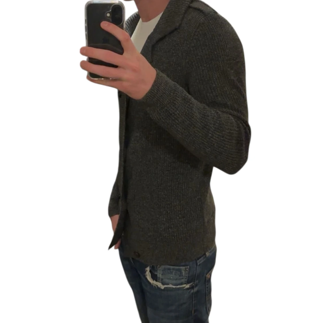 Mörkgrå stickad kofta med krage - 2