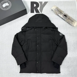 Svart dunjacka från Canada Goose - Svart dunjacka från Canada Goose med stor huva och avtagbar pälsdetalj. Jackan har broderad logga på ärmen, dragkedja och knappar framtill. Perfekt för kalla vinterdagar och har en clean, oversized look som är riktigt snygg.