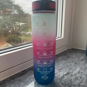 En färgglad vattenflaska  - Bilderna visar en färgglad vattenflaska med motiverande tidsmarkeringar och en flip-top lock. Produkten är i gott skick utan synliga defekter. Perfekt för att hålla koll på vätskeintaget under dagen. 