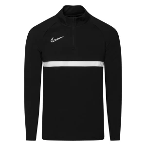 Svart Nike träning half zip tröja (barn storlek) - Svart långärmad tröja från Nike med vit logga på bröstet och en vit horisontell rand över magen. Tröjan har en half zip-dragkedja vid halsen och är gjord i ett mjukt syntetmaterial som passar perfekt till träning. Enkel och sportig design.