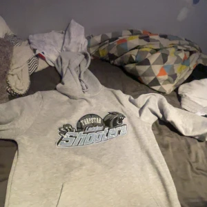 Grå Trapstar London Shooters hoodie - Säljer en grå hoodie från Trapstar med London Shooters-tryck på bröstet och pantermotiv. Hoodien har snörning i huvan och ribbade muddar vid ärmslut och nederkant. Perfekt för dig som gillar streetwear och vill sticka ut med en unik design.