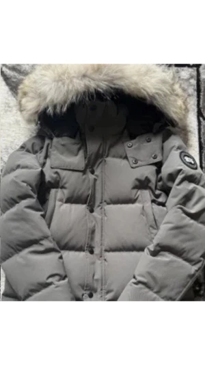 Grå dunjacka Canada Goose  - Säljer en grå dunjacka från Canada Goose, Jackan har en klassisk puffer-design, svarta detaljer, logotyp på ärmen och praktiska fickor. Perfekt för kalla vinterdagar och har både dragkedja och knappar framtill.