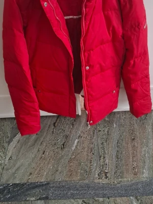 Röd pufferjacka från Champion XL - Snygg röd pufferjacka från Champion i storlek XL. Jackan har quiltad design, dragkedja och tryckknappar framtill. Perfekt för kalla dagar och ger en sportig vibe. Klassisk Champion-logga på bröstet och varm vaddering. Se nästnästa bilden för skavank. Jackan behöver tvättas