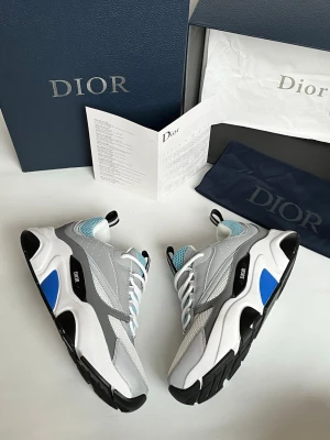 Dior vita och grå chunky sneakers - Säljer ett par feta Dior sneakers i vitt, grått och svart med blå detaljer. Skorna har chunky sula, mesh och läderpaneler samt vita och blå snören. Snygg logga på sidan och cool design som sticker ut. Perfekta för dig som vill ha något exklusivt och trendigt.