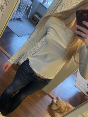 Turkos ribbad långärmad topp - Säljer en turkos långärmad topp med ribbad struktur. Toppen har en enkel och stilren design med rund halsringning och lätt vågig nederkant. Perfekt att matcha med jeans eller kjol för en avslappnad look.