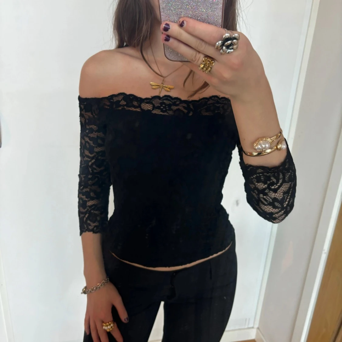 Off shoulder trekvartsärmad spetstopp  - 1