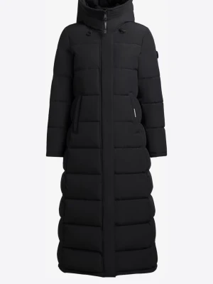 Svart lång dunjacka med huva - Lång svart dunjacka med huva och dragkedja framtill. Jackan har quiltad design, två fickor med dragkedja och hög krage för extra värme. Perfekt för kalla vinterdagar och har en stilren, minimalistisk look.