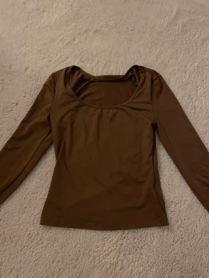 Brun långärmad topp  - Enkel brun långärmad topp i stretchigt träningsmaterial med rundad halsringning. Bekväm och lätt att matcha med allt från jeans till träningsbyxor. Endast lätt använd.